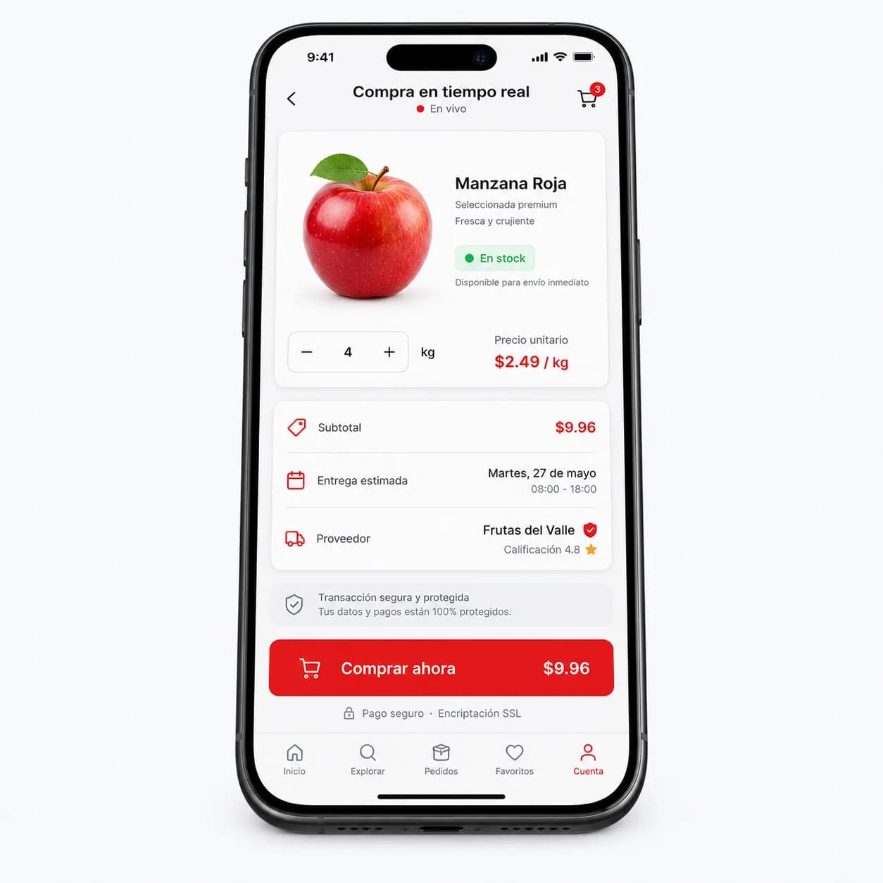 Aplicación móvil mostrando el detalle de un artículo con precio y disponibilidad