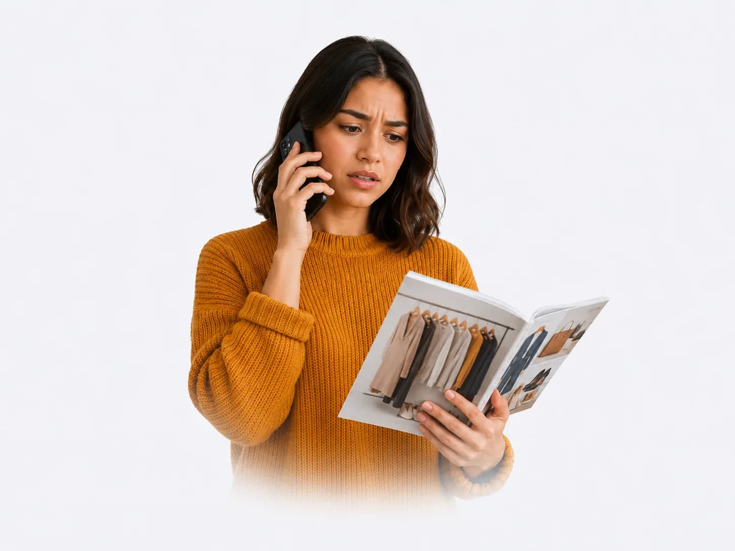 Asesora consultando revista física mientras atiende pedidos por teléfono