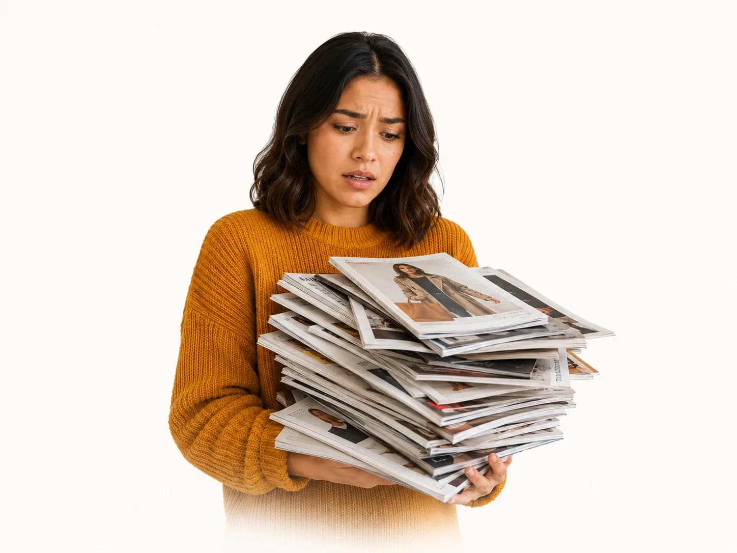 Asesora cargando una pila de revistas físicas para transcribir pedidos