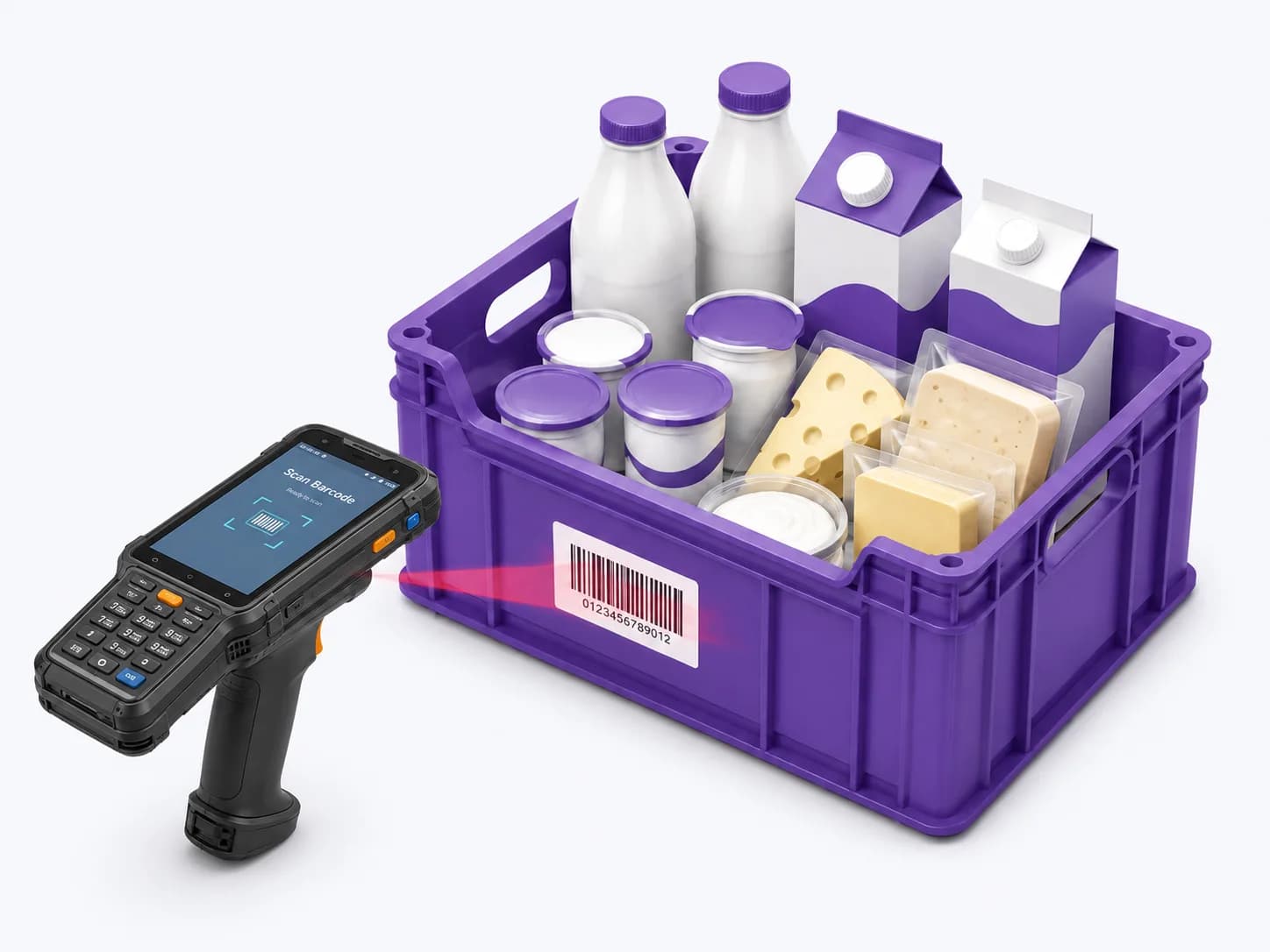 Handheld escaneando una canastilla con productos de alimentos identificados con código de barras