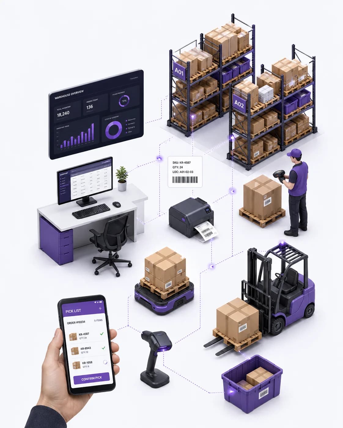 Composición de equipos operativos: handheld, lector de códigos, impresora de etiquetas, báscula y canastilla integrados con KRONOS