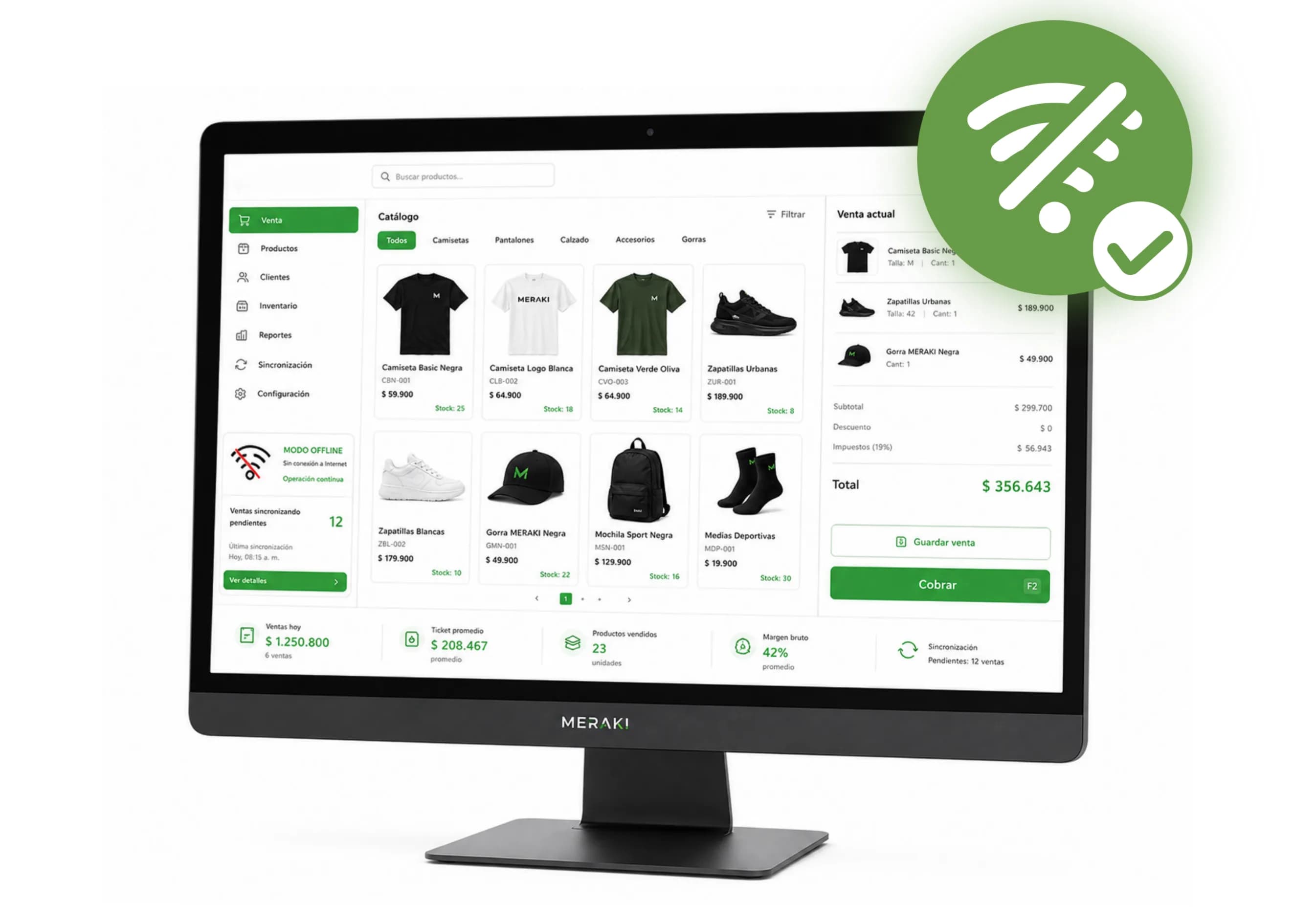 Pantalla de MERAKI POS en modo offline mostrando ventas pendientes de sincronización