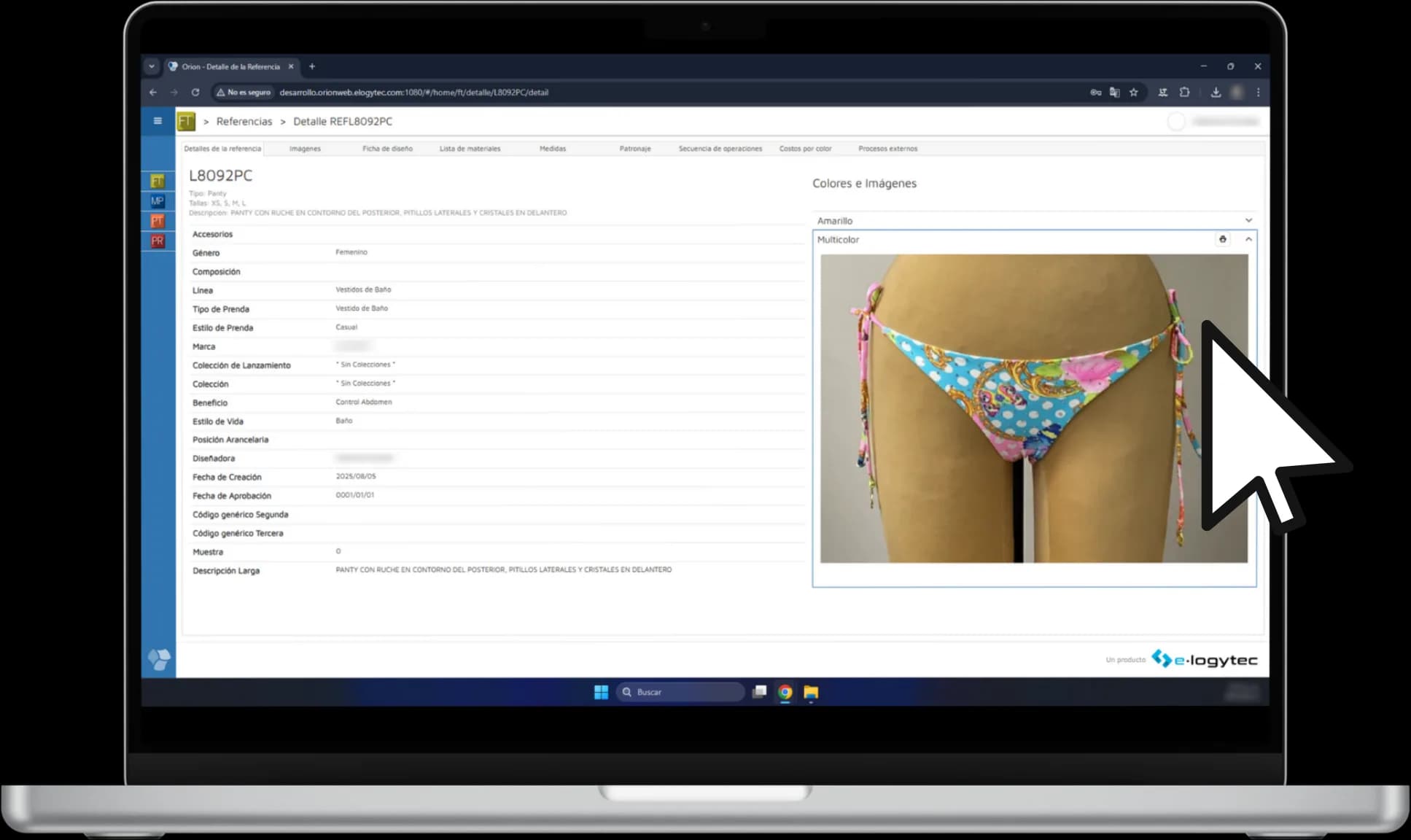 Pantalla de ORION Web mostrando el detalle de una referencia con ficha técnica e imágenes de producto