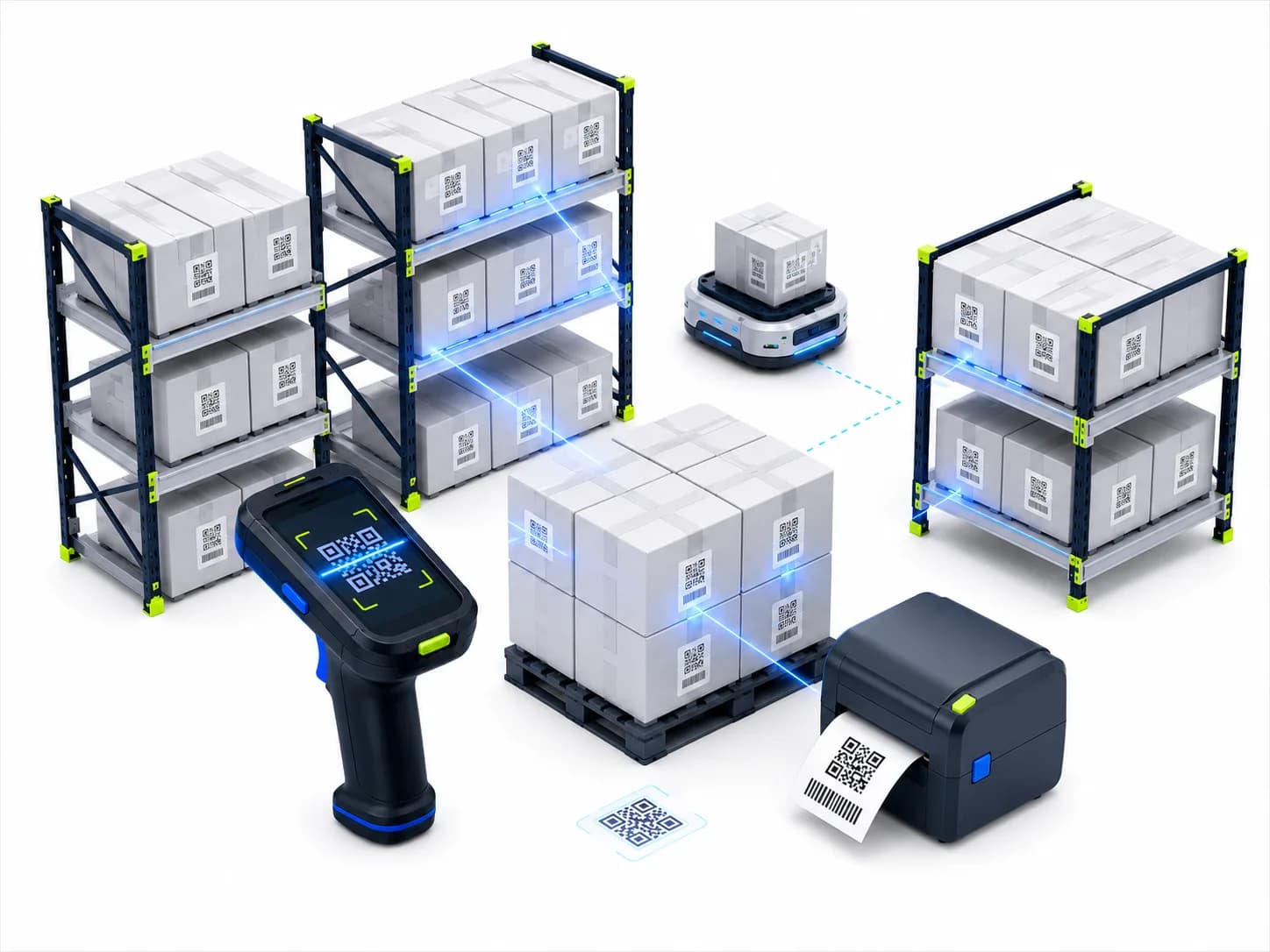 Ilustración de bodega con escáneres, estantes y robots automatizados de ORION WMS